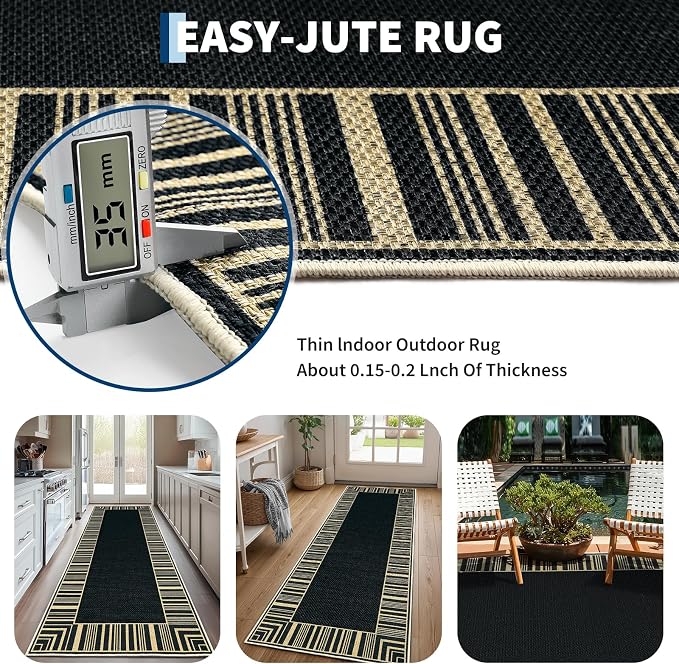 COZYLOOM Indoor Outdoor Rugs 8x10 Modern Easy Jute Washable Area Rug,Black | Non Slip Neutral Bordered Non Shedding Stain Resistant Foldable Rug for Living Room Dining Room Bedroom Patio Backyard