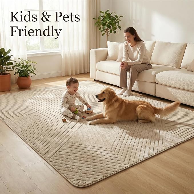 Brown 5x7 Solid Color Area Rugs, Washable Rugs for Living Room | Ultra Soft Thick High-Low Pile Carpet, Fluffy, Non-Slip Modern Geometric Rugs for bedroom, Kids Room, Nursery, Home Office