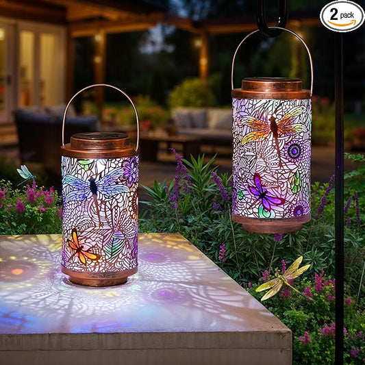 2Pack Solar Outdoor Lanterns Waterproof Multicolor Dragonfly Garden Gifts for Mom Women Backyard Lights Lanterns for Indoor,Outdoor, Outside,Mothers Day Gifts for Grandma Wife