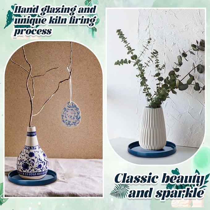 2 Pcs 7 Inch Ceramic Plant Saucer for Indoor Outdoor Round Flower Pot Drip Trays Blue Flower Drainage Glazed Pots Base for Holding Water Drips Soil