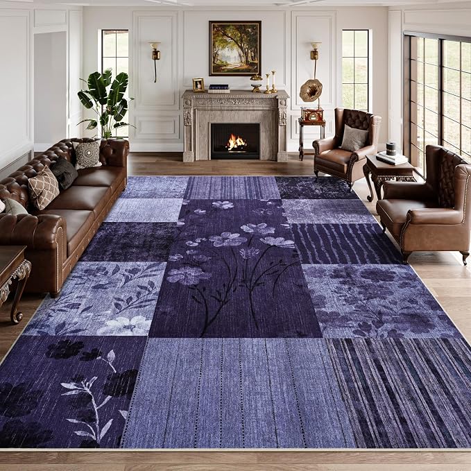 DweIke Floral Rugs for Living Room, 6x9 Washable Area Rug for Dining Room Farmhouse Office Bedroom Decor, Geometric Patchwork Stain Resistant Low Pile Indoor Floor Throw Rugs, Purple