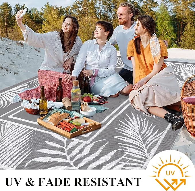 Bsmathom Waterproof Outdoor Rug 6'x9' Reversible Boho Plastic Straw Patio Deck Camping Rugs, Indoor Outdoor Portable RV Mat Clearance Carpet for Outside, Porch, Balcony, Backyard, Beach, Pool,Grey