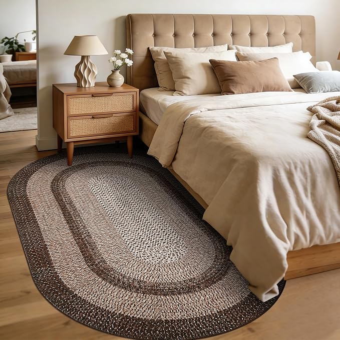 RUGSREAL 5x8 Oval Washable Rug Living Room Modern Border Bedroom Area Rugs | Non Slip Low Pile Dining Room Goemetric Oval Throw Carpet Contemporary Rugs for Living Room Kitchen Nursery, Brown