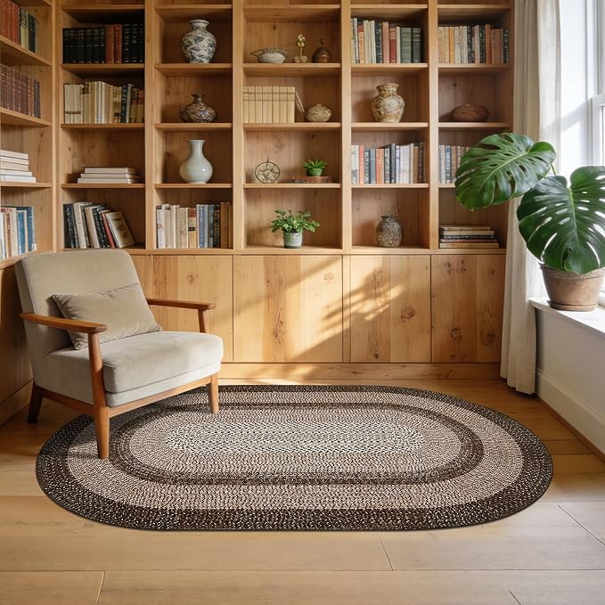 RUGSREAL 5x8 Oval Washable Rug Living Room Modern Border Bedroom Area Rugs | Non Slip Low Pile Dining Room Goemetric Oval Throw Carpet Contemporary Rugs for Living Room Kitchen Nursery, Brown