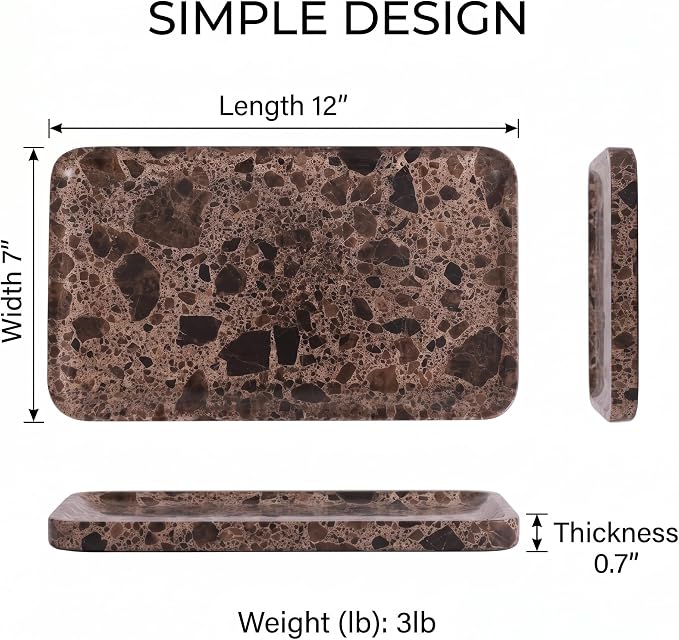 Dark Emperador Marble Vanity Tray for Bathroom Counter-12 X7 Decorative Tray for Perfume, Candles, Stone Jewelry Dish Tray