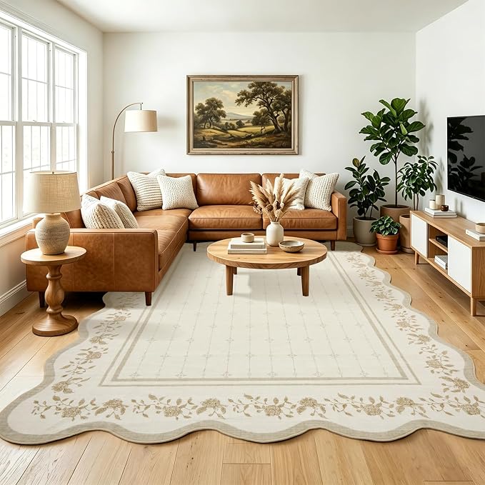 Garvee Scalloped Washable Rug 9x12 Rugs for Living Room Non Slip Ivory | Neutral Nursery Rug Modern Bordered Floral Mat Indoor Soft Non-Shedding Accent Carpet for Bedroom Dining Room Kids Room Dorm