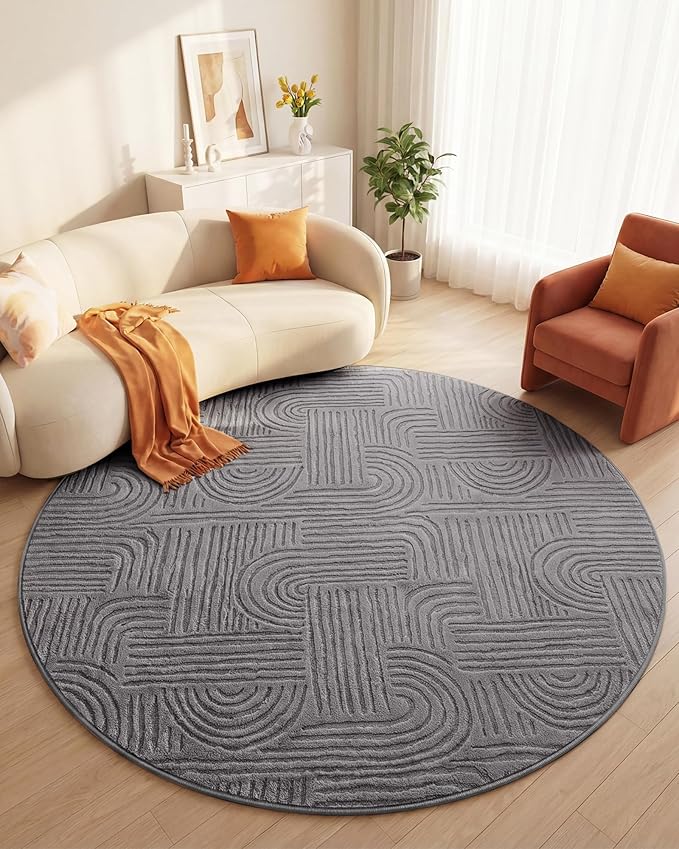Carvapet 5.2ft Round Abstract Rug Dark Gray Washable High Low Pile Carpet | Soft plush textured rug with non slip backing for living rooms, bedrooms, nurseries and cozy indoor spaces