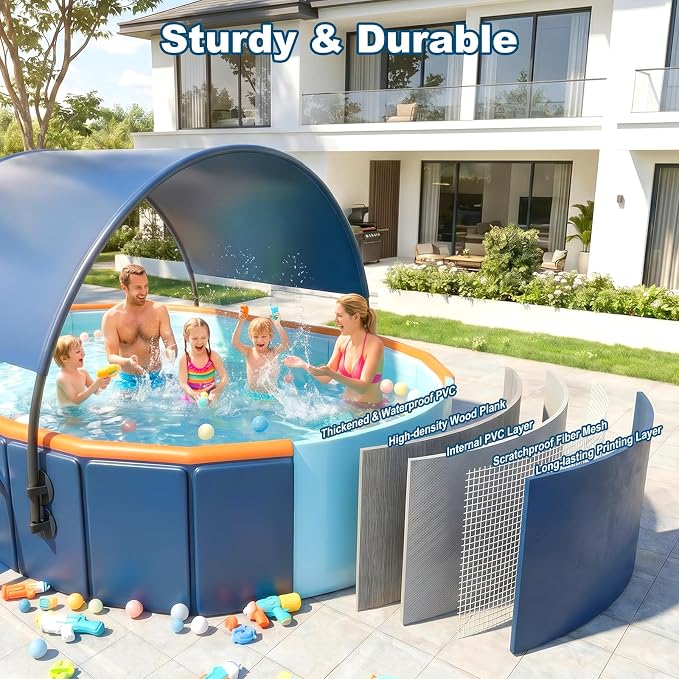 10FT Foldable Pool with UPF60+ Canopy for Audlts,Collapsible Above Ground Swimming Pool with Reinforced Triangular Supports for Backyard Family Garden