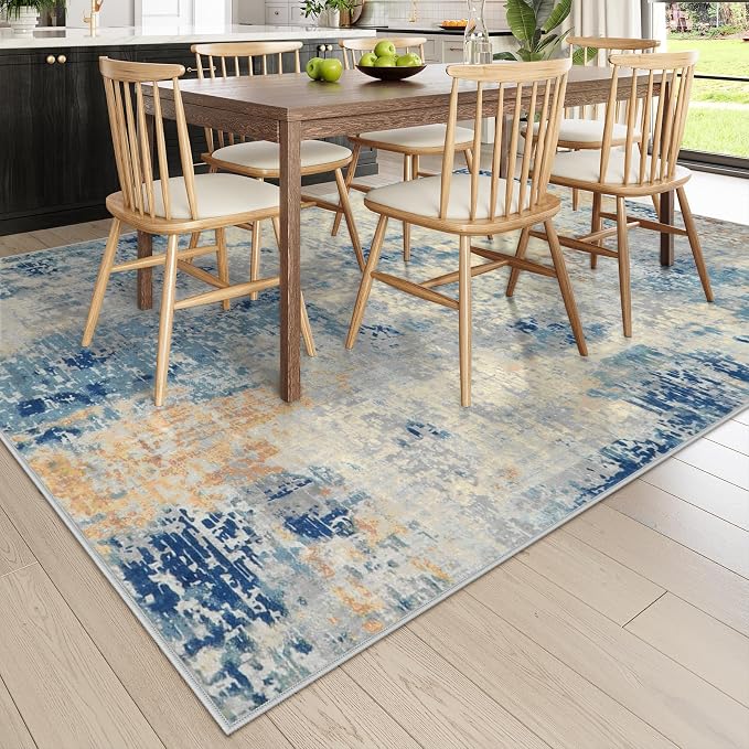 Lahome Modern Abstract Living Room Rug, Washable 8x10 Area Rugs for Bedroom Stain Resistant Non Slip, Large Blue Soft Indoor Carpet for Dining Room Table Apartment, Blue/Grey