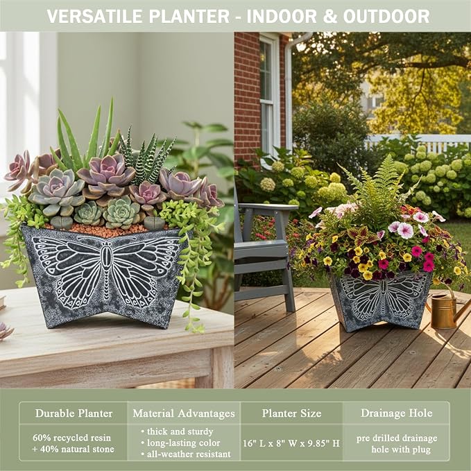 GreenShip 16 Inch Large Resin Flower Pots Set of 2, Resin Planter Pot with Drainage Hole, Vintage Butterfly Embossed Decorative Garden Pot, Weather-Resistant for Porch, Patio, Indoor Use, Dark Grey