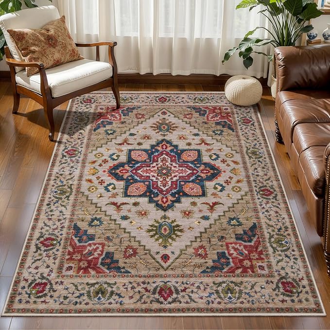 Tangsoo Vintage 3x5 Rugs, Washable Non Slip Accent Rugs for Entryway Beige | Farmhouse Print Indoor Carpet, Oriental Soft Low Pile 3x5 Area Rug for Living Room Dorm Bedroom Bedside Bathroom Entrance