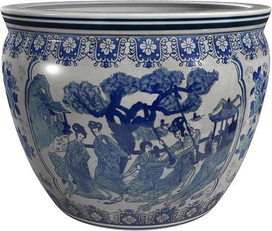 Red Lantern Oriental Furniture 16" Ladies Blue & White Porcelain Fishbowl, Large