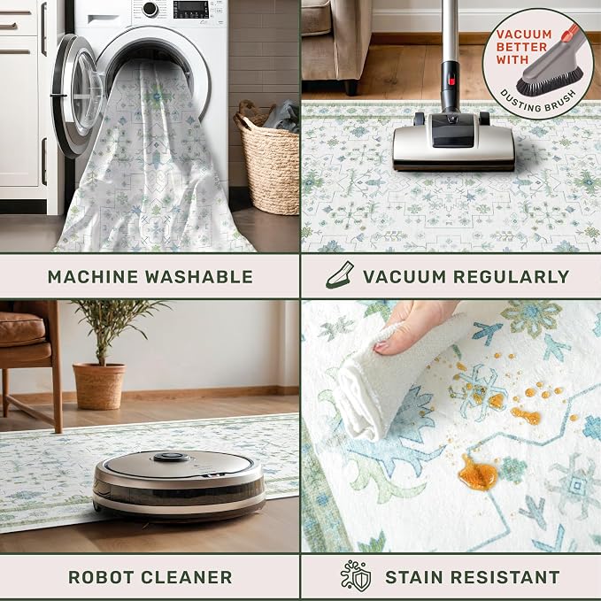 Oushak Runner 2x10 Hallway Rug - Floral Pastel Boho, Washable Low Pile Non Slip Extra Long Runner Rugs for Kitchen, Hall Way - Cream Blue and Green