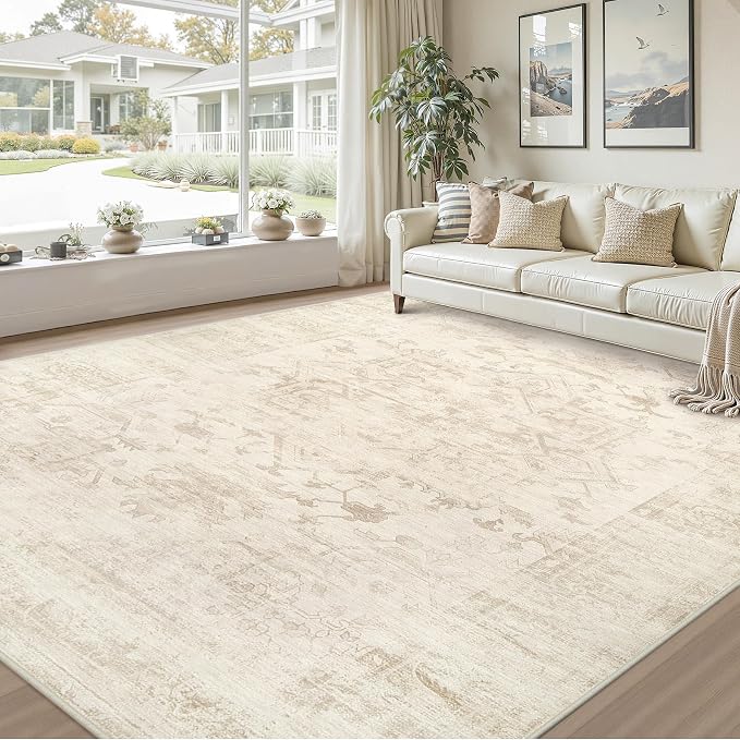 8x10 Area Rugs Living Room: Bedroom Washable Carpet Beige/Brown | Large Vintage Boho Indoor Decor Neutral Soft Nursery Farmhouse Dining Room Office Floor Non-Slip Low Pile Under Table Rug