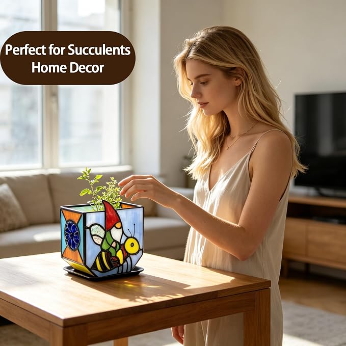 Stained Glass Gnome on Bee Planter,Cute Plant Pot with Drainage for Indoor Plants, Unique Gnome Gifts for Women, Garden Bee Decor for Succulents