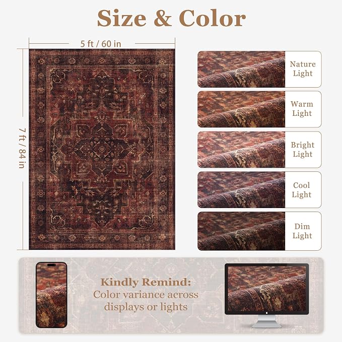 Dark Red 5x7 Area Rugs for Living Room, Washable Non Slip Bedroom Rug with Moody Distressed Medallion Printed, Traditional Oriental Low Pile Thin Carpet Rugs for Dining Room/Kitchen/Home Office