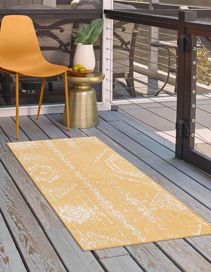 Unique Loom Outdoor Bohemian Collection Area Rug - Anthro (2' 7" x 8' Runner Yellow/Ivory)