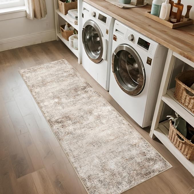 Abstract Beige Runner Rugs for Hallway: 2x6 Washable Long Bathroom Rug for Entryway Kitchen Bedroom Indoor - Easy Clean Soft Thin Floor Mat - Modern Neutral Decor Throw Carpet