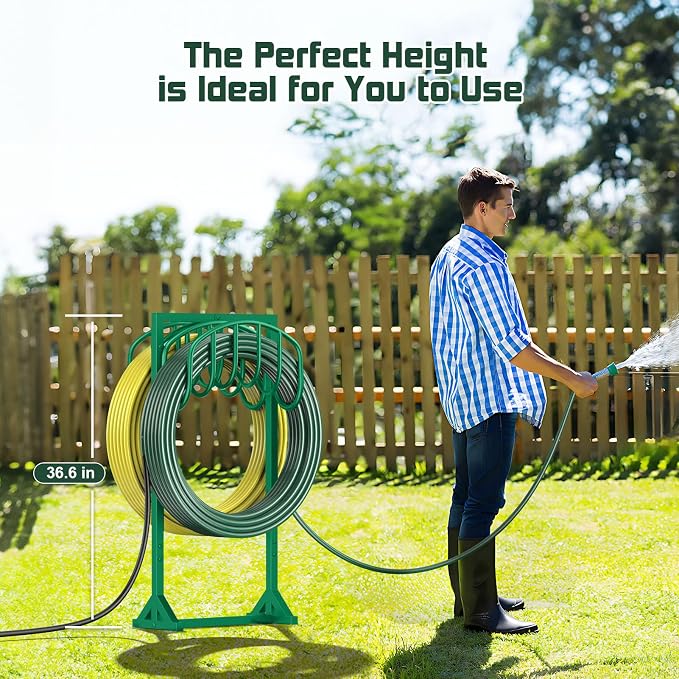 HeroicLion Garden Hose Holder Holds 2 x 151FT Hoses, Heavy-Duty Metal Freestanding Hose Stand with Stable Base, Rustproof Water Hose Holders for Outside Yard Lawn Farm, Green