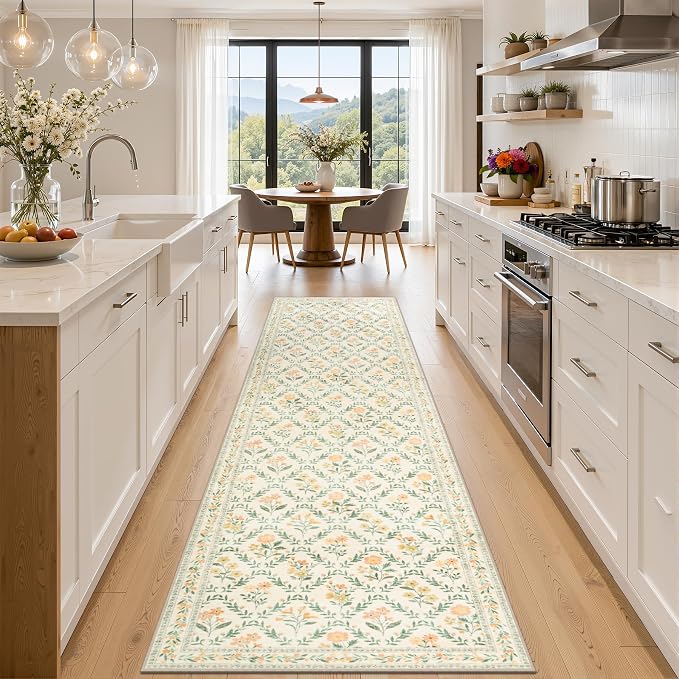 PLHXFR 3x10 Washable Runner Rug：Floral Indoor Kitchen Carpet Beige Multi | For Hallway Bedroom Kitchen Laundry Bathroom Dorm,Vintage Floral,Machine washable,Non Slip,Stain Resistant,Indoor Floor