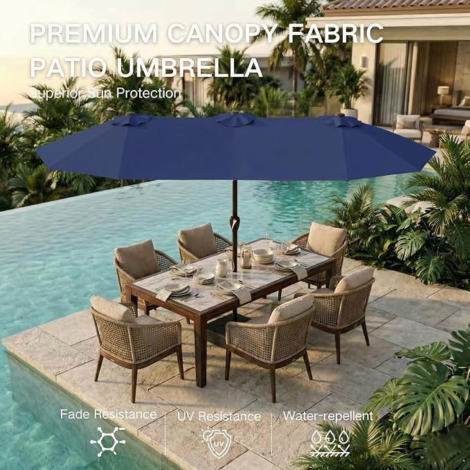 Kingdura 13ft Large Patio Umbrella with Base Included, Double-Sided Rectangle Outdoor Table Umbrella with 12 Reinforced Ribs, Crank Lift for Market Pool Deck Backyard, Navy blue