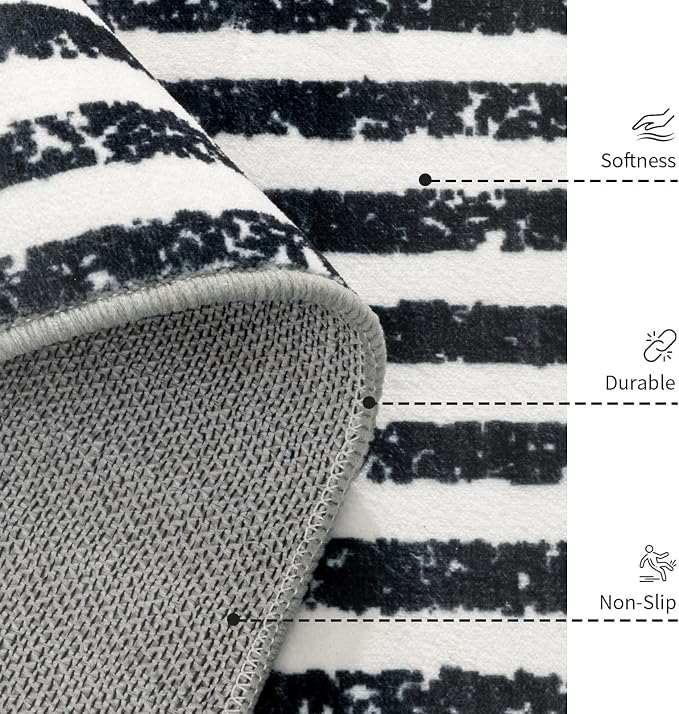 Washable 2x3 Modern Striped Area Rug, Abstract Small Throw Rug for Entryway | Black Beige, Soft Low Pile, Skin Friendly, Non-Slip for High Traffic, Entrance Vintage Braided Paid Style Home Decor