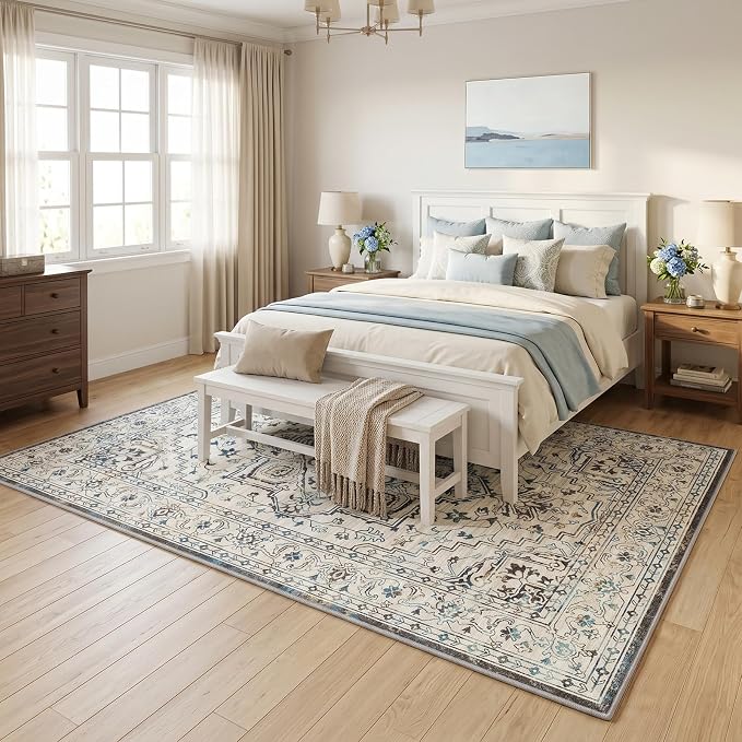 Vintage Washable Area Rug 6x9, Non-Slip Low-Pile Elegant Persian Carpet for Bedroom Living Room Dining Room, Stain Resistant Traditional Indoor Rug, Neutral Cream Blue