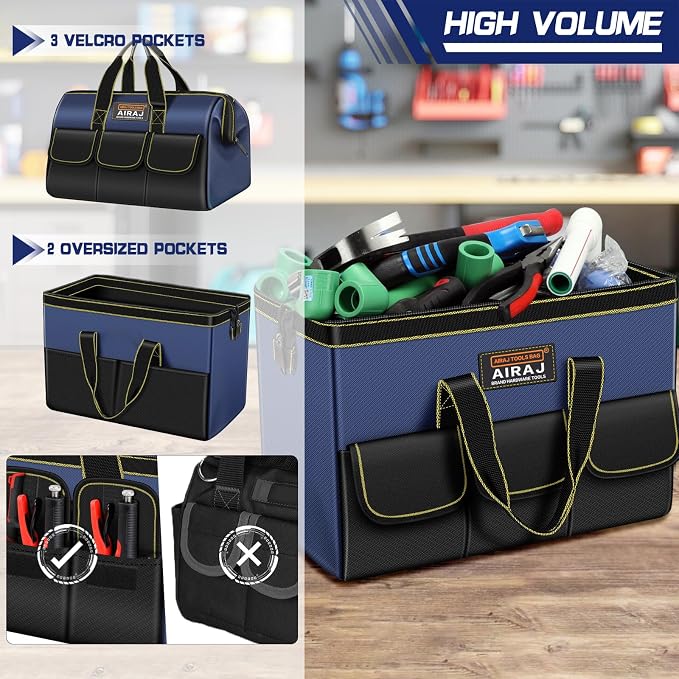 Tool Bag 2-Pack Set | AIRAJ 18" & 16" Portable Tool Storage Bag | Wide Mouth Tool Bags for Men and Women | Small Tool Tote | Tool Organizer for Home Repairs,Garage Storage,Professional Work | Tool Box
