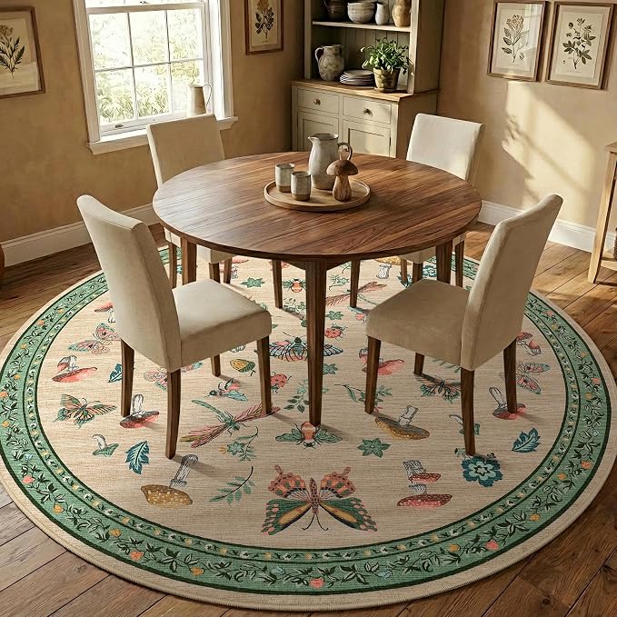 Mushroom Insect 6ft Round Rug Washable Non-Slip Soft Ultra-Thin Small Boho Circle Carpet for Entryway Kitchen Bedroom Nursery Dining Room Khaki Green