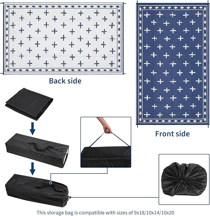 Outdoor Patio Rug 9x18 Waterproof Outside Area Rugs Modern Reversible Plastic Straw Carpet for RV Deck Camping Entryance Porch Picnic Balcony Beach，Navy/Blue