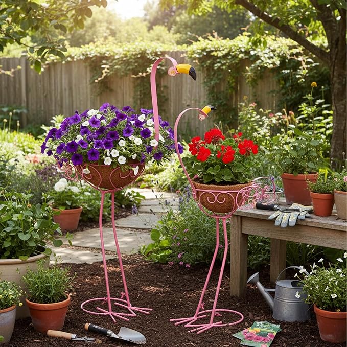J-Fly Pink Flamingos Metal Potted Plants Holders with Coconut Flower Pots | J-Fly Garden Yard Flamingos Plant Stand Indoor & Outdoor, Floral Garden Christmas Decor, Flower Pots Stand Outdoor, Set of 2