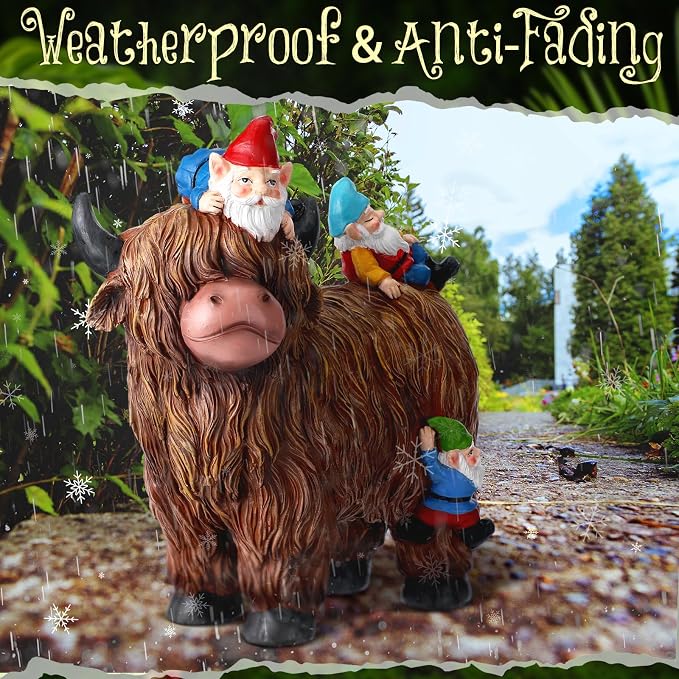 Suzile Garden Gnomes Statues Decor 9.84'' Highland Cow Garden Statues Resin Gnome Sitting on Highland Cow Birthday Gifts for Woman Mom for Home Table Yard Patio Lawn Porch