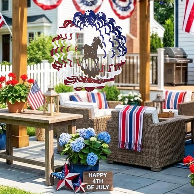 Horse Wind Spinner, 4th of July Decorations,Unique Birthday Horse Gifts for Women Men Mom, Metal Yard Art with American Flag, Patriotic Outdoor Decor for Garden, Porch or Patio(12 Inch)