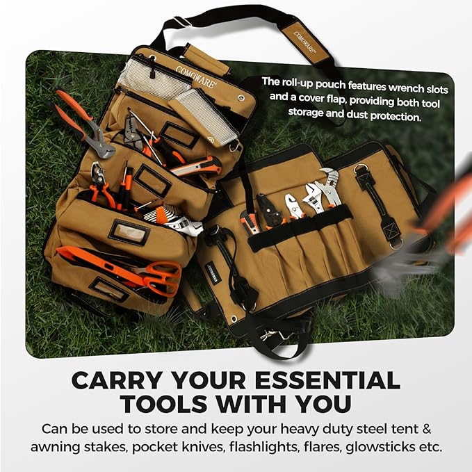 COMOWARE Roll Up Tool Bag, Gift for Dad, 600D Oxford PVC Coated Tool Organizer with 11 Pouches, 5 Exterior Wrench Pockets & Adjustable 51.2" Shoulder Strap for Mechanics, Plumbers, Camping, Motorcycle