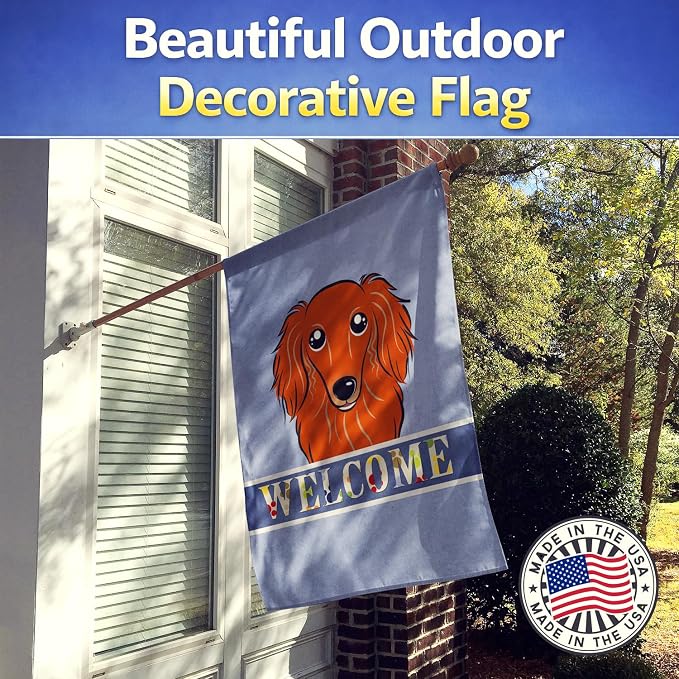 Caroline's Treasures BB1400CHF Longhair Red Dachshund Welcome House Flag, Blue Large Porch Sleeve Pole Decorative Outside Yard Banner Artwork Wall Hanging, Polyester, House Size, Multicolor