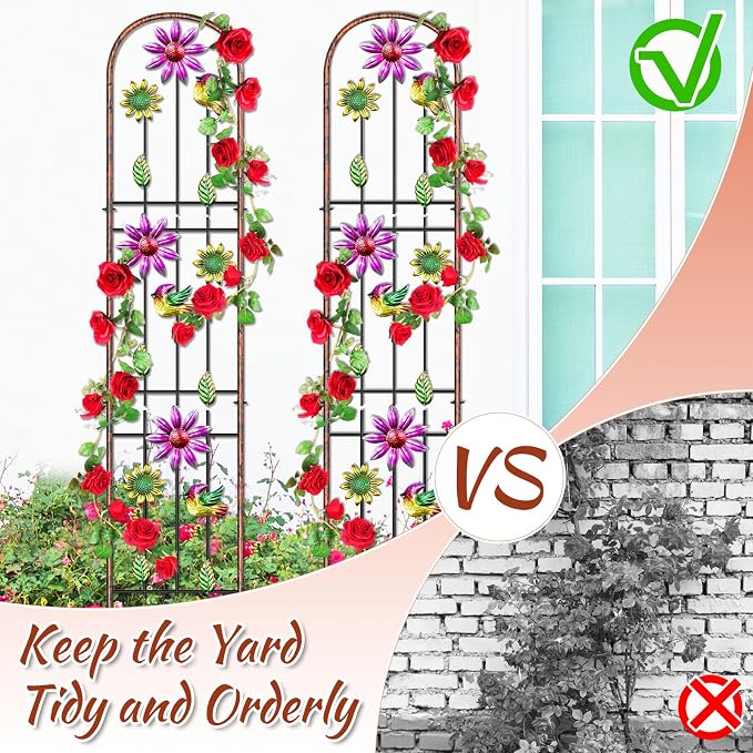 Metal GardenTrellis, Arched Fence Trellis Plant Support Trellises, Supporting Plants Outdoor Decoration for Climbing Plants Lawn Yard Patio Backyard Wall Brackets (Bird+Pink Flower)