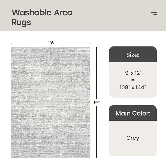 Valenrug 9x12 Area Rug Non Slip, Large Washable Rugs for Living Room Grey | Soft Low Pile, Thin & Lighweight Carpet, Folable Stain Resistant Modern Indoor Floor Mat for Bedroom, Dining Room, Home Decor
