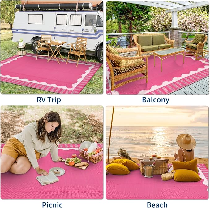 Garvee Scalloped RV Rugs for Outside 9x18 Patio Rugs Outdoor Waterproof, Modern Border UV Resistant Reversible Rug, Foldable Plastic Straw Carpet for Picnic, Backyard, Porch, Beach, Camper, Hot Pink