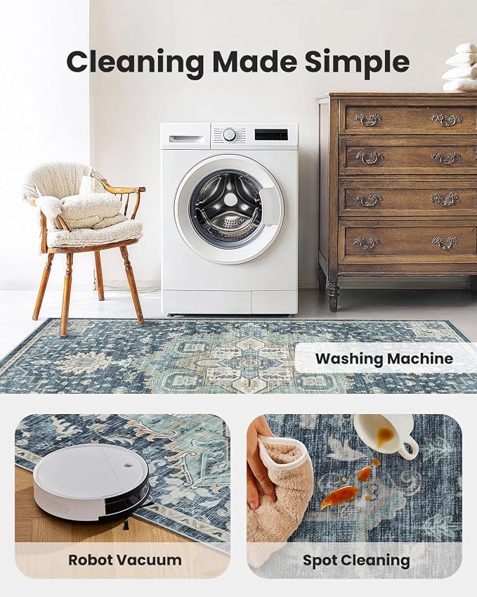 AMADA HOMEFURNISHING Washable Area Rug, Low-Profile Large Area Rug with Non-Slip Backing & Durable Edge Binding, Vintage Large Rugs for Living Room, Bedroom, Dinning Room (8x10, Blue/Yellow)