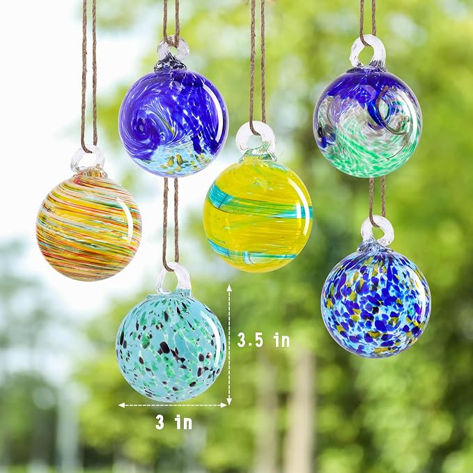 VCUTEKA Hanging Garden Gazing Ball, Glass Witch Ball for Outdoor Decor, 3" | 6pcs Hanging Gazing Balls, Hand-Blown Witch Ball Ornament Colorful Swirl Garden Globe for Outdoor Garden Lawn Yard Decorative