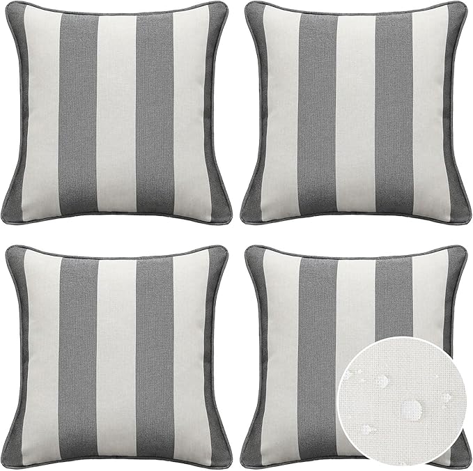 Unimatta Decorative Outdoor Water Repellent Throw Pillows with Inserts, Set of 4, 20" x20" Pillows for Patio, Backyard, Bed, Couch, and Patio Furniture, Gray Stripe