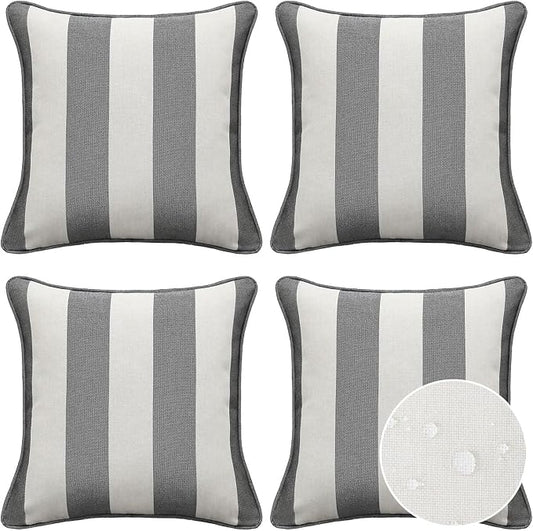 Decorative Outdoor Water Repellent Throw Pillows with Inserts, Set of 4, 16" x16" Pillows for Patio, Backyard, Bed, Couch, and Patio Furniture, Gray Stripe