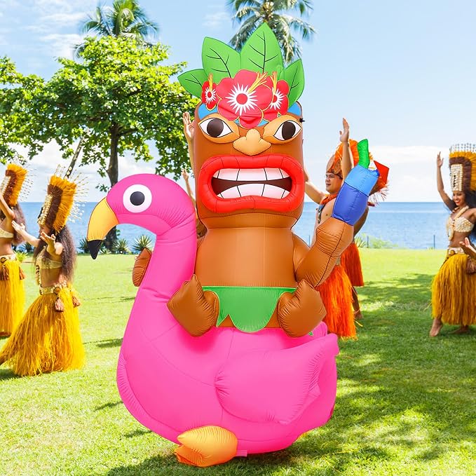 Shappy 5ft Inflatable Flamingo Lighted Blow up Tiki Hawaiian Party Decor | Luau Tropical Inflatables Giant Outdoor LED Tiki Blow up Aloha Bar Beach Summer Pool Surfing Party Decorations