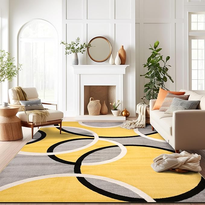 Rugshop Abstract Circles Contemporary Area Rug Yellow 7'10" x 10'2" | Fade-Resistant, Rectangular, Size 7'10" x 10'2", Living Room, Bedroom, Dining Room, Home Office, Kitchen, Entryway, Hallway