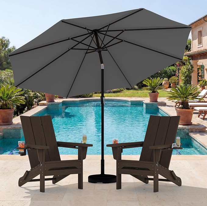 SERWALL Modern Folding Adirondack Chair Set with 9 Ft Umbrella, Folable Adirondack Chairs Set of 2 with Cup Holders, HDPE Fire Pit Chairs for Patio Lawn Garden, Coffee (Umbrella Base is not Included)