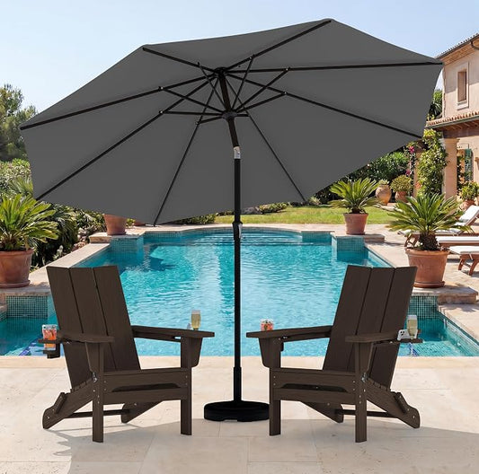 SERWALL Modern Folding Adirondack Chair Set with 9 Ft Umbrella, Folable Adirondack Chairs Set of 2 with Cup Holders, HDPE Fire Pit Chairs for Patio Lawn Garden, Coffee (Umbrella Base is not Included)