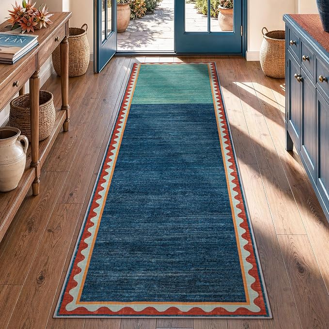 Mid-Century Washed Style Area Rug 2x8 Washable Carpet for Living Room, Non-Slip Low Pile Soft Rug for Bedroom, Kitchen, Entryway, Retro Teal