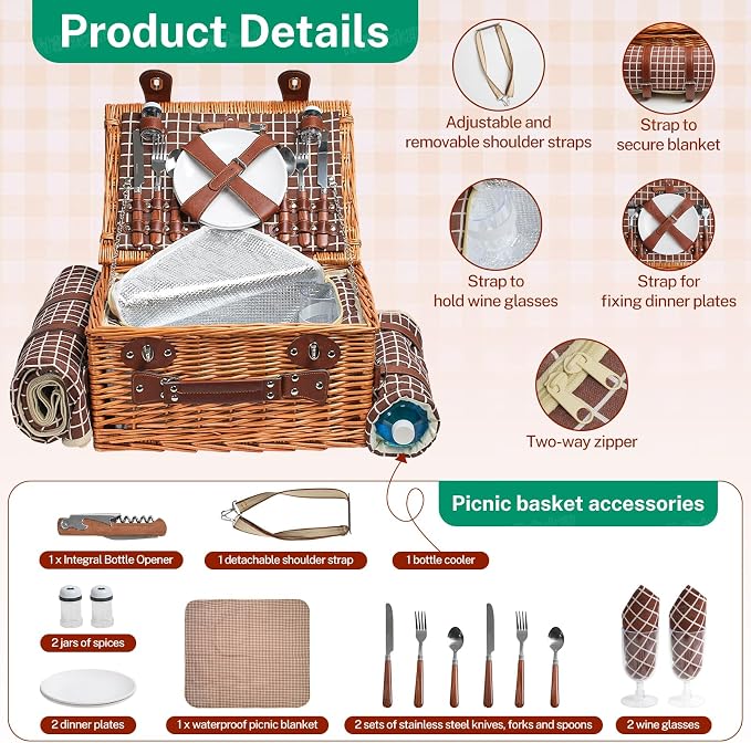 Double Picnic Basket with Large,Insulated Cooler Bag and Waterproof Picnic Blanket, Handmade Wicker Basket Set with Cutlery for Picnics, Camping, Beach