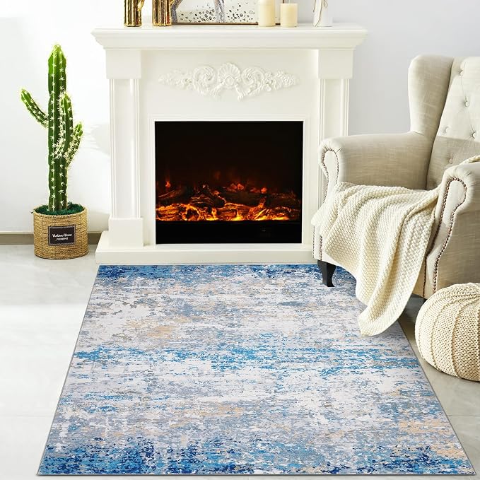 ROYHOME Modern Abstract 2x3 Area Rug, Blue/Grey | Non Slip Non Shedding Low Pile Stain Resistant Rug for Entryway Kitchen Bedroom