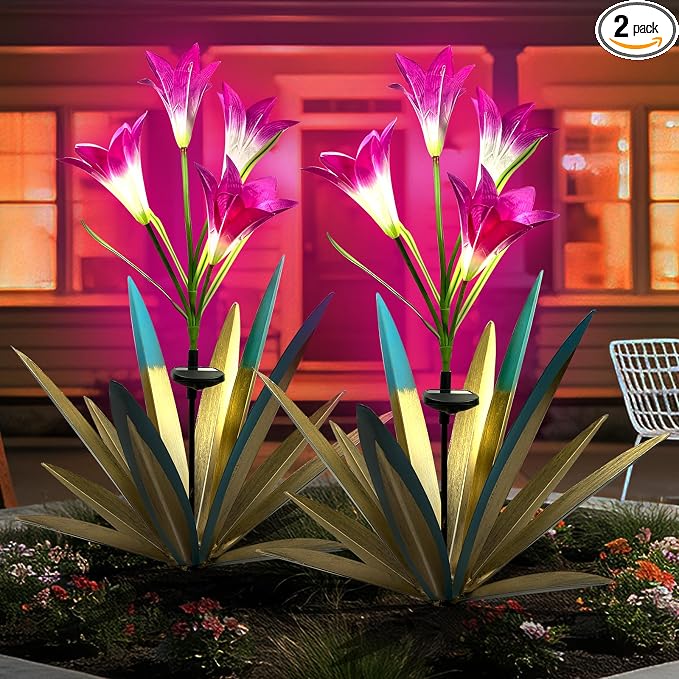 Homight Solar Metal Agave Lily Flower Garden Sculpture with LED Lights 30.3 Inch Waterproof Outdoor/Indoor Yard Decor Handmade Lawn Ornament Gift for Family Friends (2, Blue)
